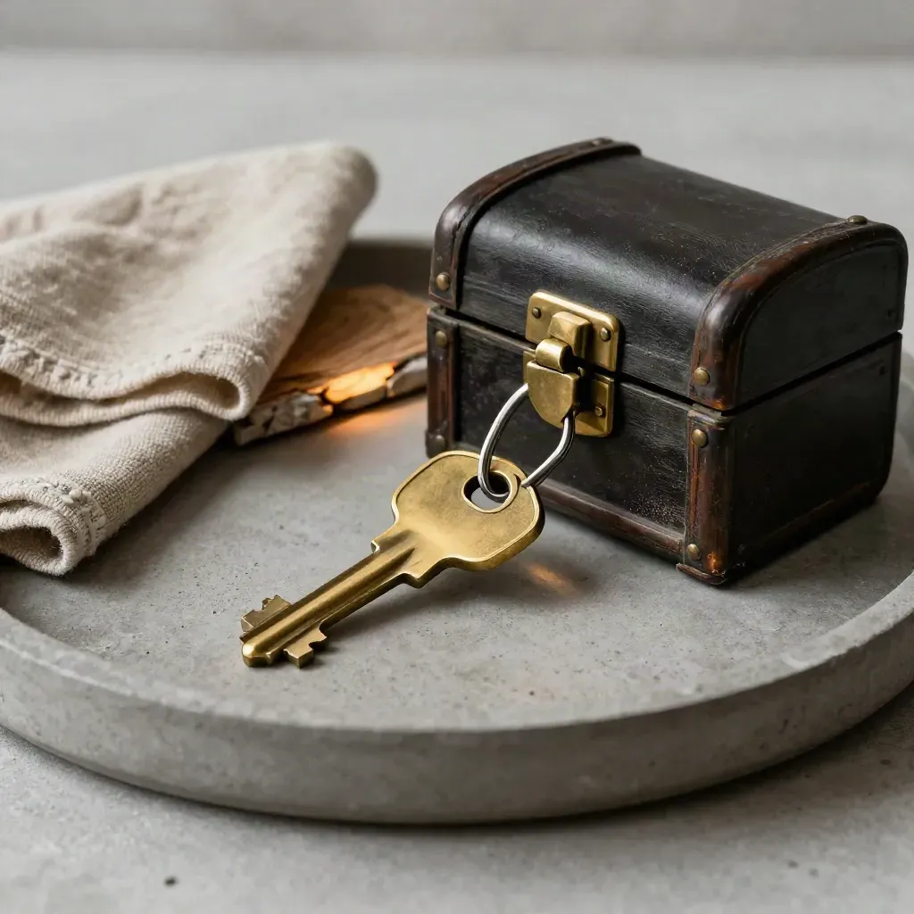 Brass key ring beside an open lockbox and warm threshold fragment on a concrete tray.