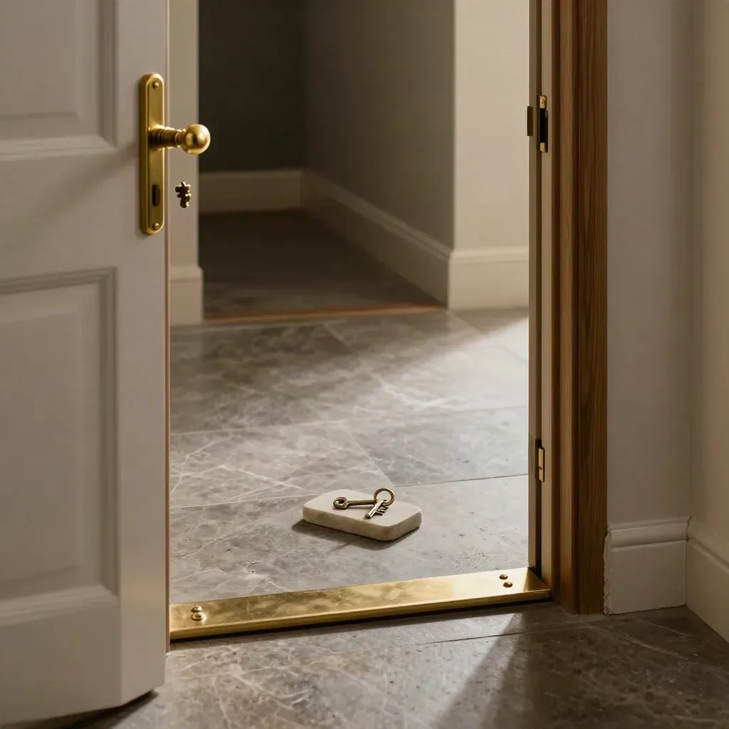 London apartment threshold with brass hardware, stone floor and keys on a plinth at dusk.