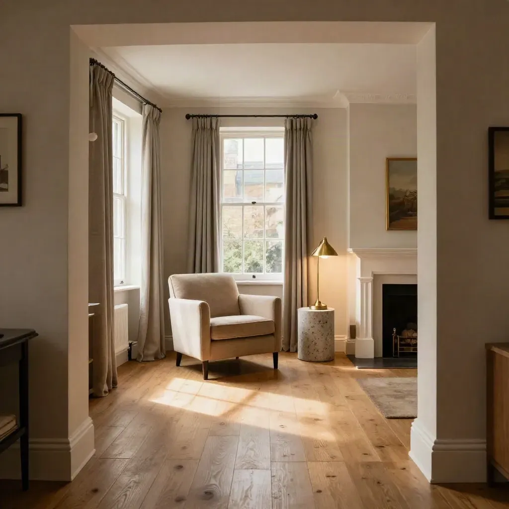Completed Manchester terrace buy-to-let living room with oak floors and brass lamp details.
