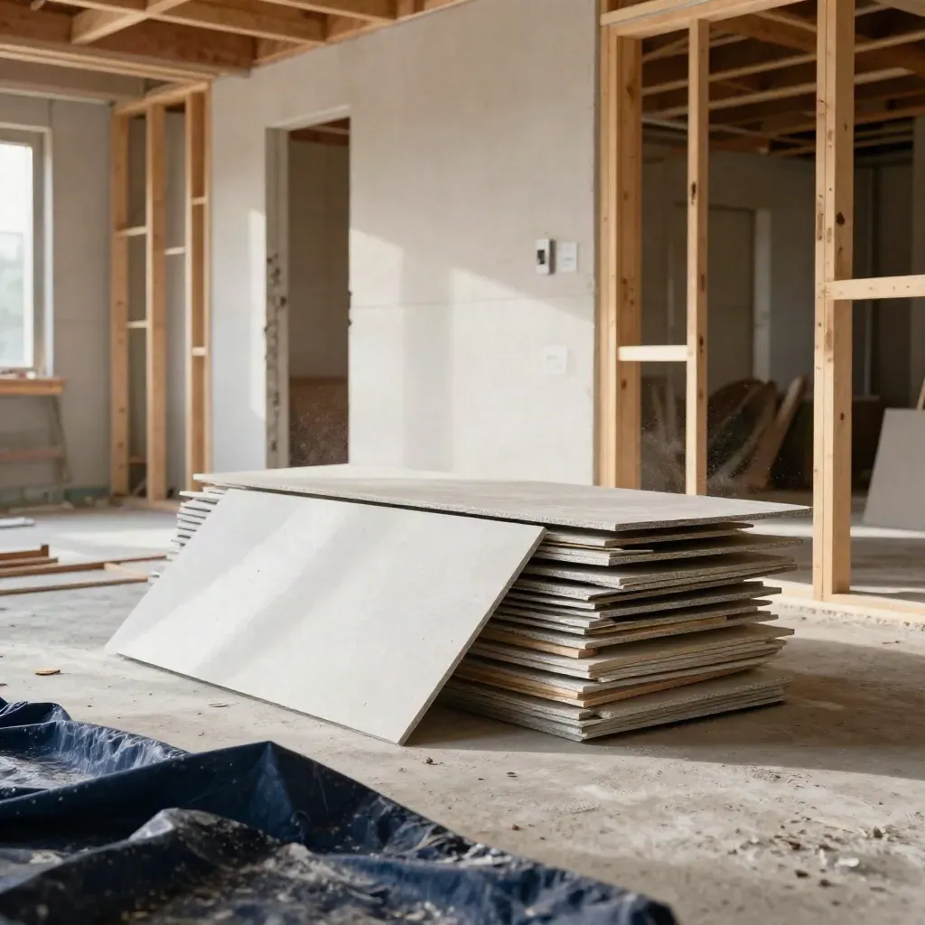 Renovation shell with joists, insulation and plasterboard in dramatic light
