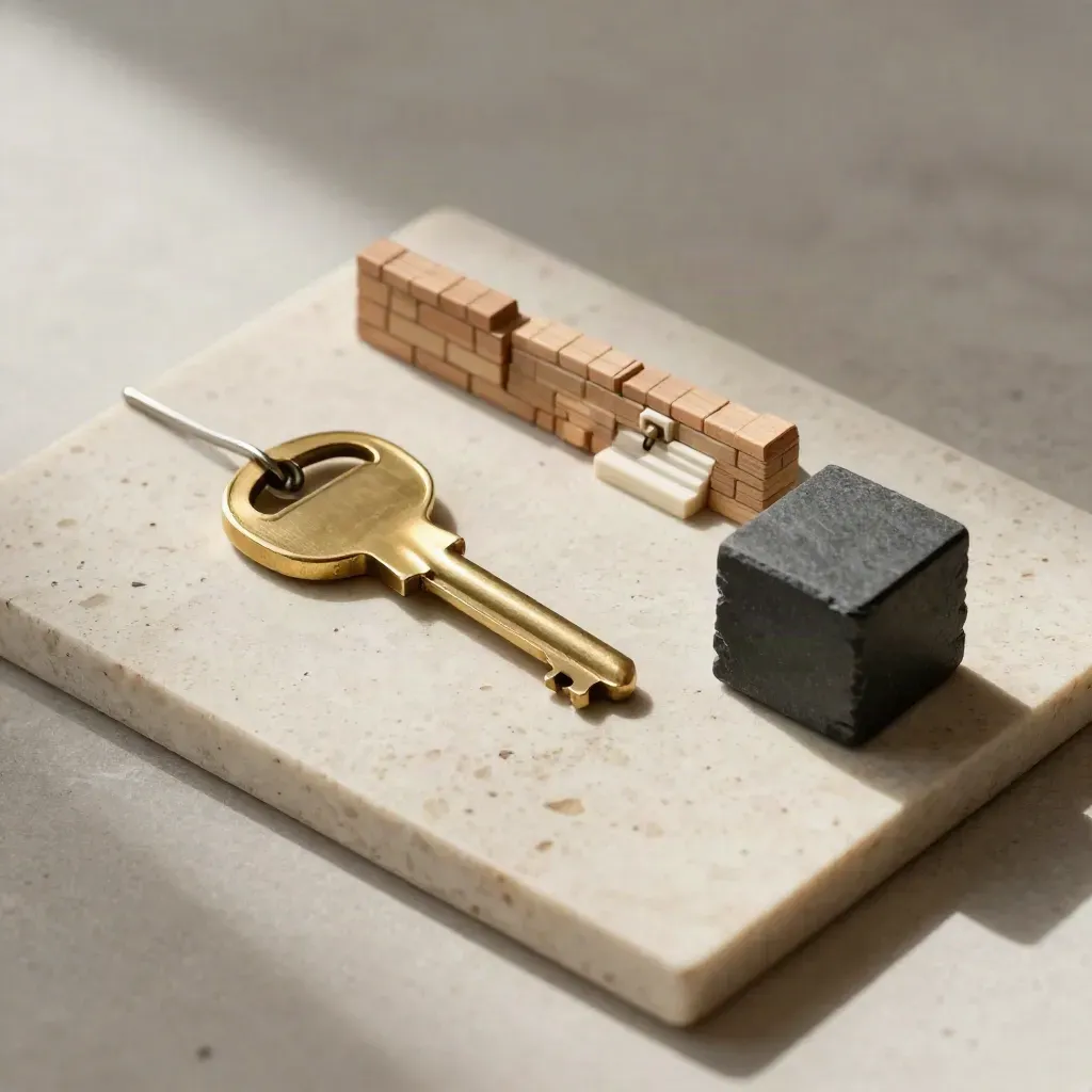 Miniature terrace, brass key and slate cube arranged on pale travertine in warm light.