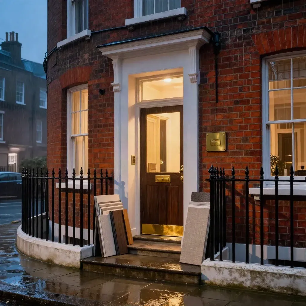 Rainy blue-hour London terrace with warm-lit interior and brass details