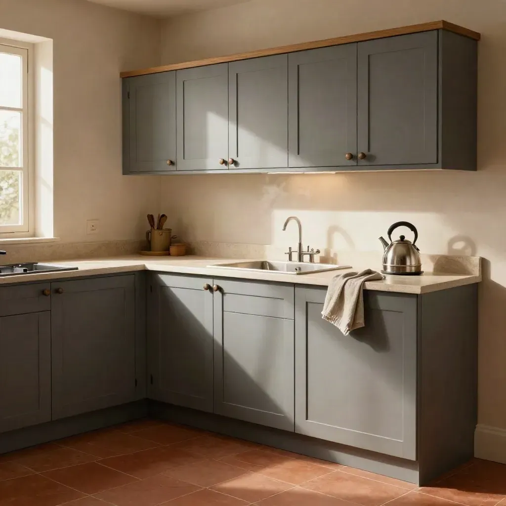 Immaculate rental kitchen with slate cabinets, terracotta tiles and warm afternoon light.