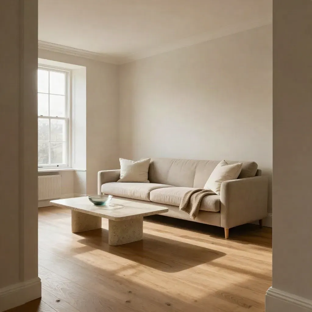 Rental-ready Manchester flat living room with oak floors, oatmeal sofa and bay-window light