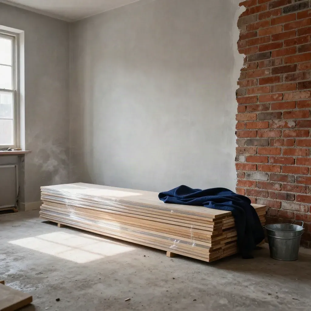 Fresh plaster, stacked timber and a clean brick wall in a tense, sunlit refurbishment interior.