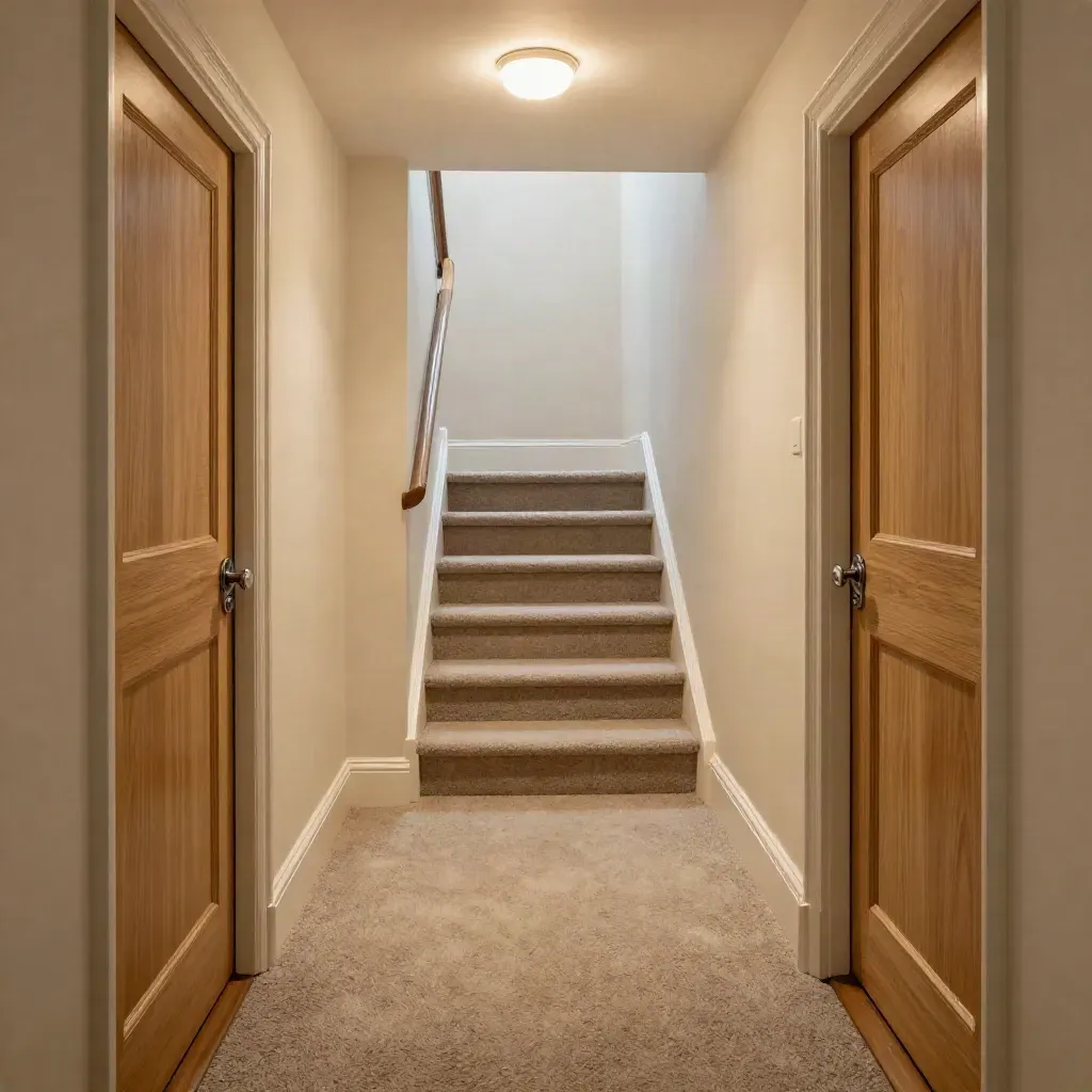 Empty Leeds HMO landing with neutral doors, fresh carpet and warm stair light.