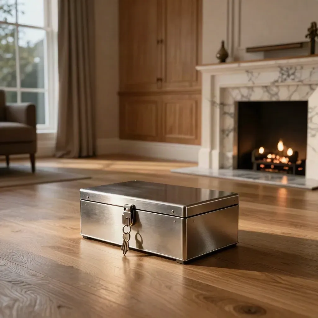 Pristine London reception with oak floor, marble hearth, and a brushed steel lockbox in evening light.