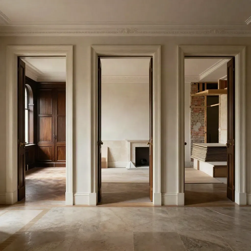Three open doorways in a cinematic corridor reveal townhouse, flat, and shell stages.