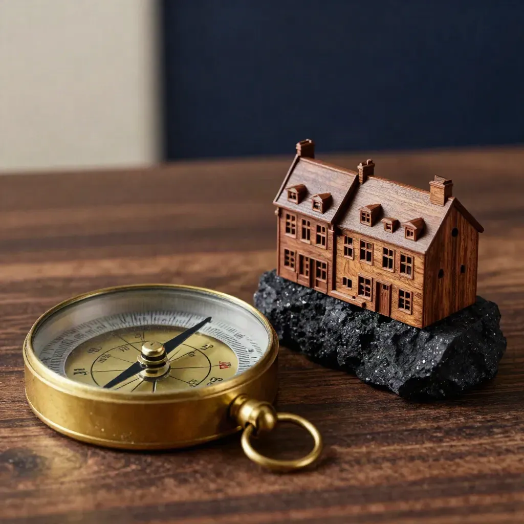 Brass compass, black stone sample and walnut townhouse model on oak in macro detail
