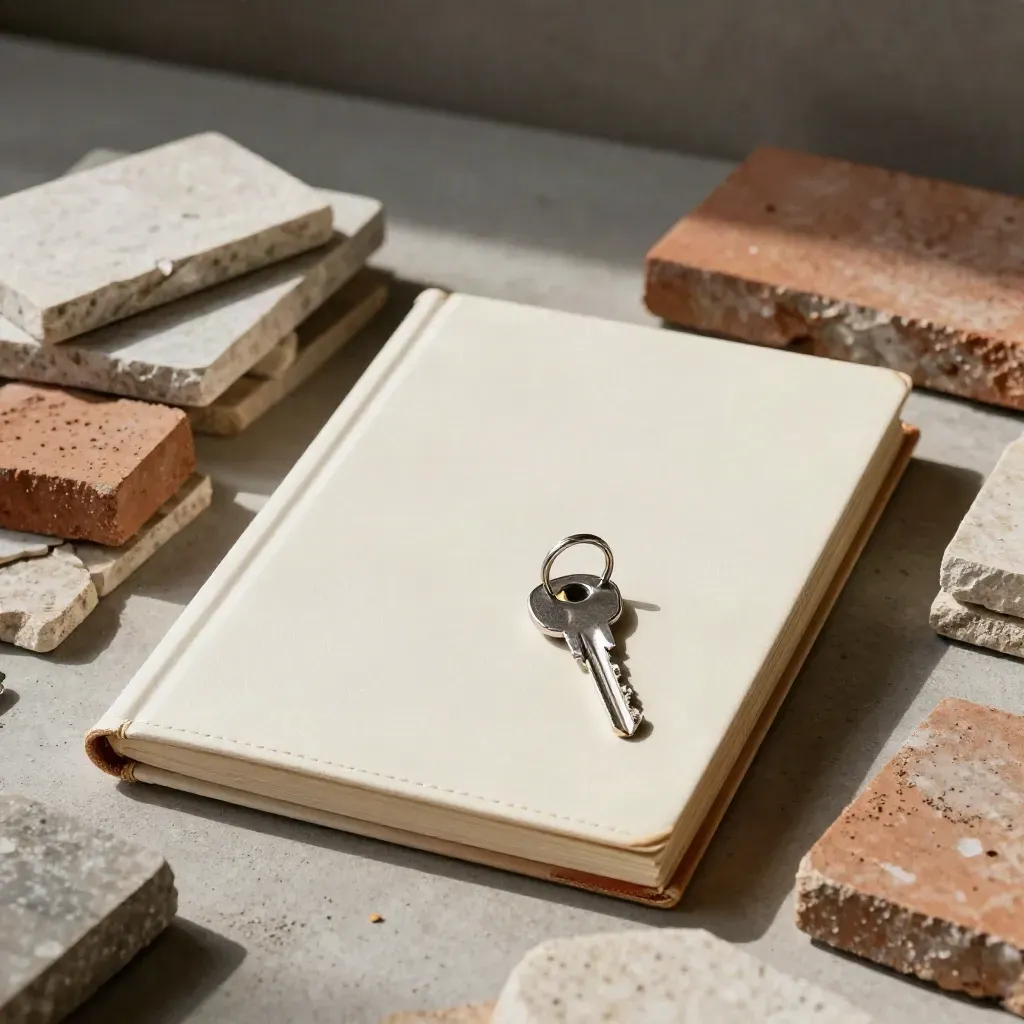 Cream folio, key ring, and stone samples on pale concrete in dramatic studio light.