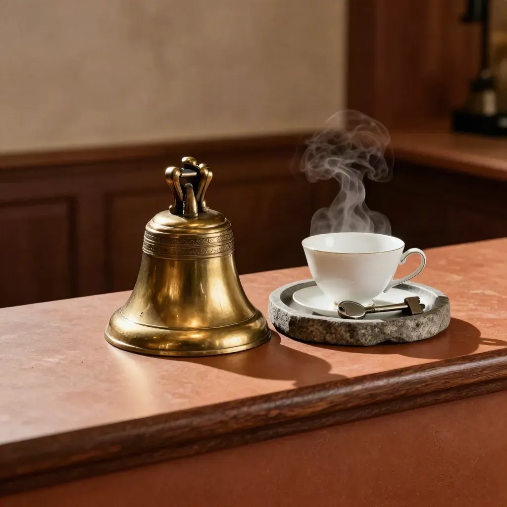 Brass bell, steaming teacup and stone key tray on a warm reception counter