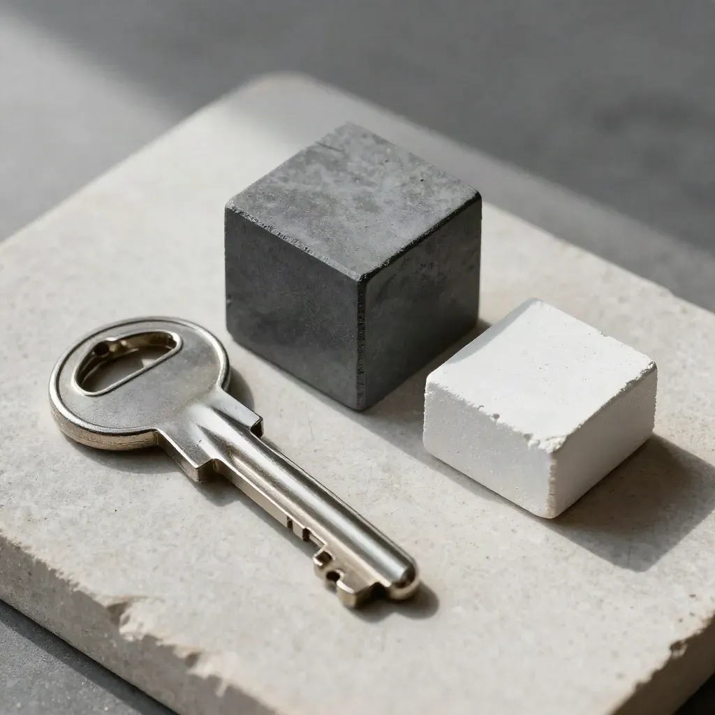 Keys, graphite cube and plaster terrace block on stone under hard light.