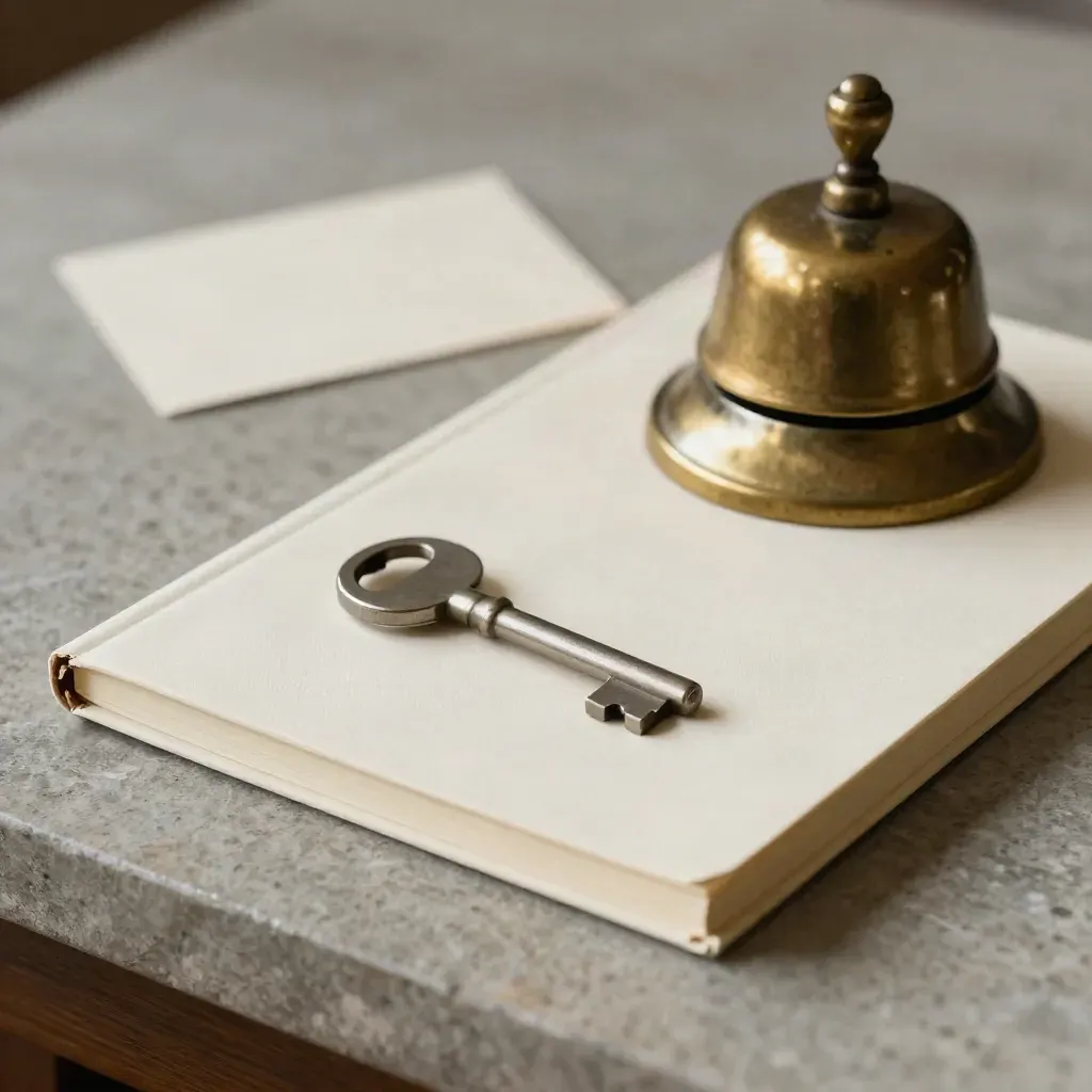 Brass bell, cream notebook and polished key on a stone desk in soft side light.