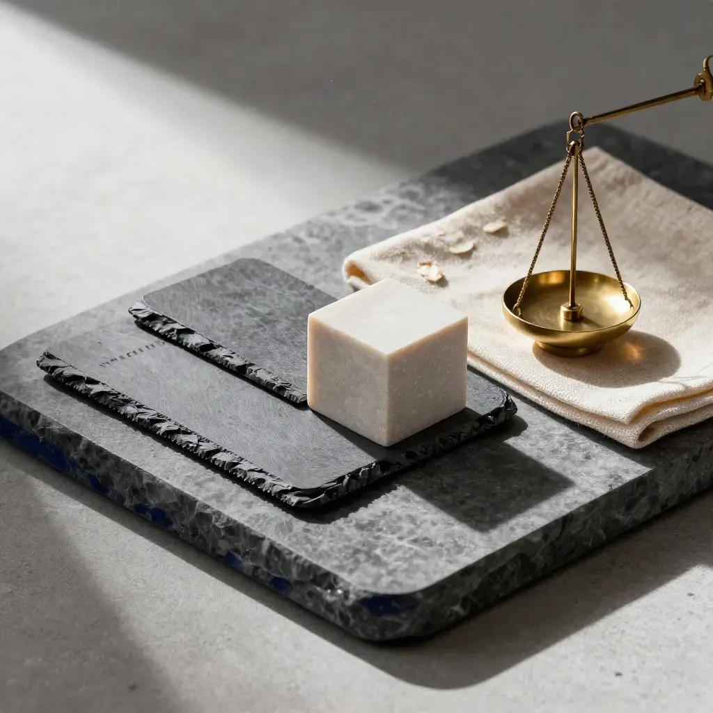 Slate blocks, brass weight and stone cube on a tray in a top-down still life