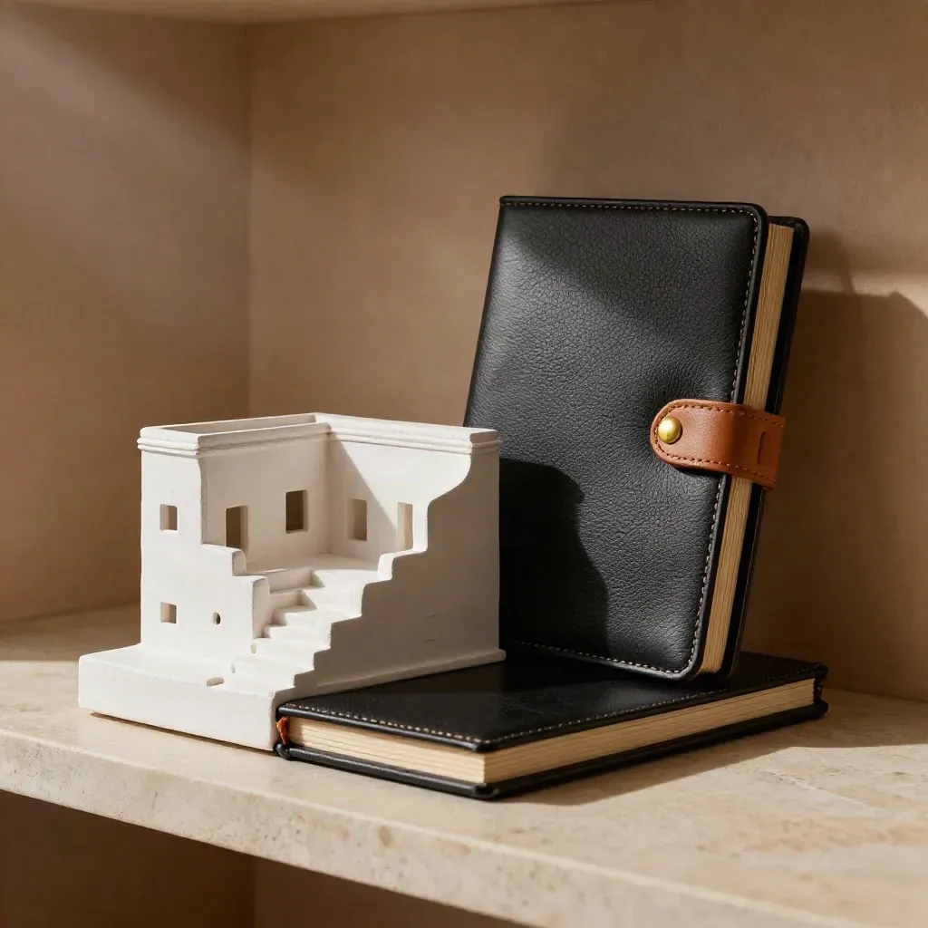 Plaster terrace model, black portfolio and leather tab on a warm limestone shelf.