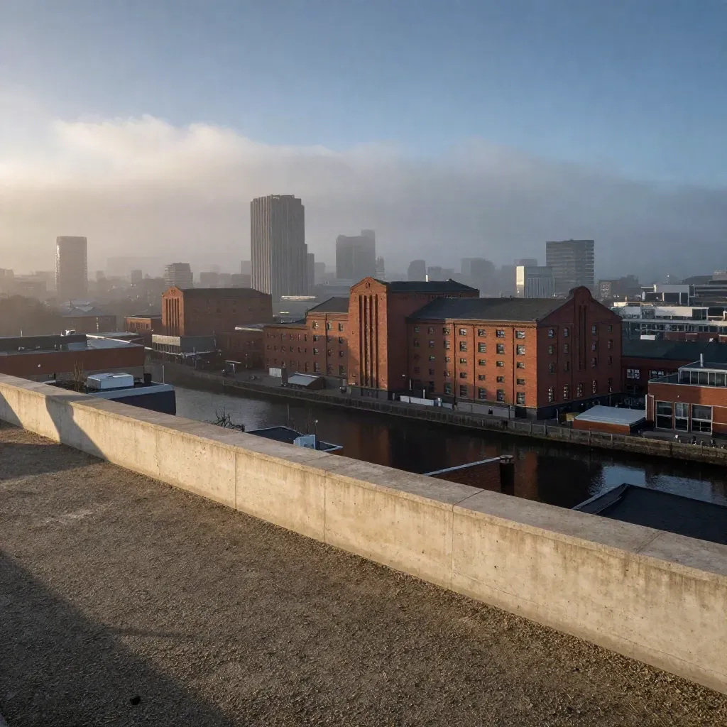 Manchester and Salford skyline above misty rooftops and canal haze at dusk.