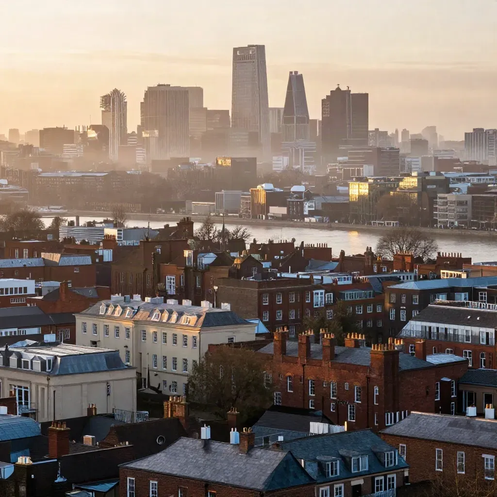 London skyline at sunrise over brick terraces and misty river haze.