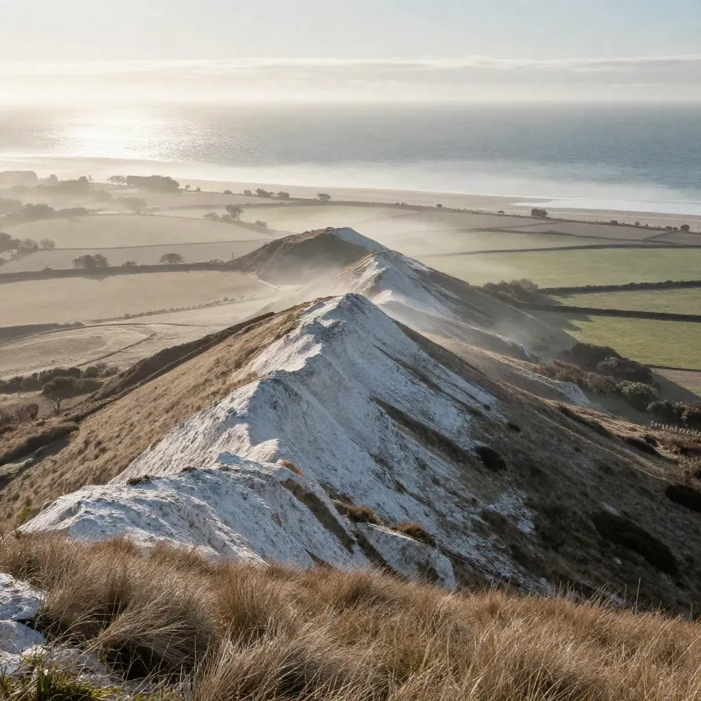 Chalk downs and sea mist above Brighton at dawn, with open haze for copy