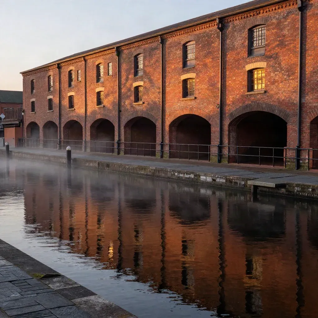 Canalside brick warehouses and bridges reflected in still water at dusk