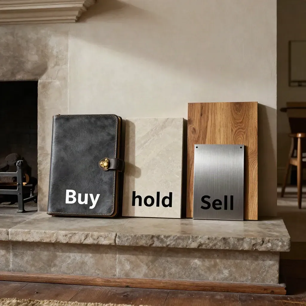 Closed portfolio case with stone, timber, and metal samples on a period-house hearth.